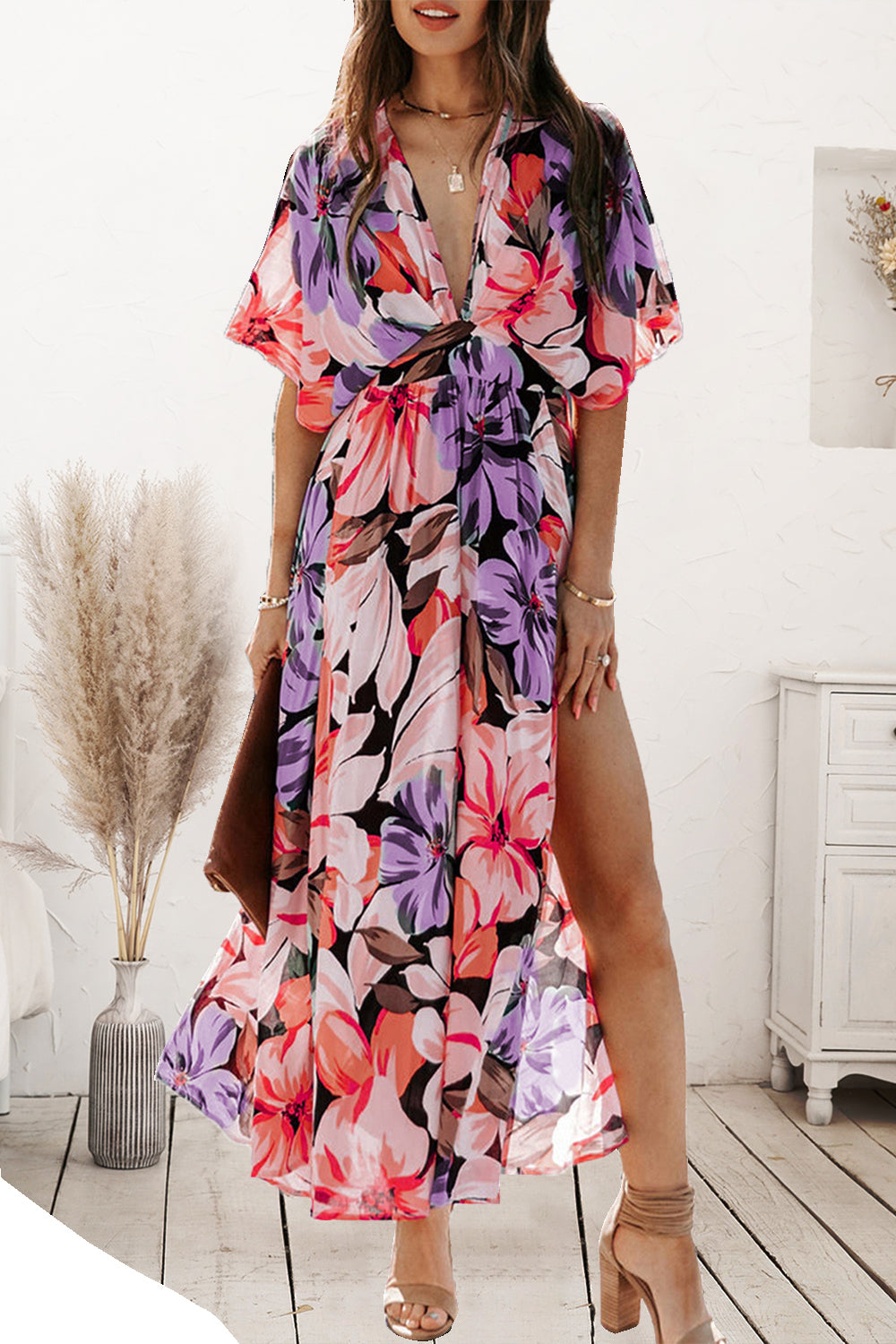 Plunge Split Printed Short Sleeve Dress